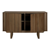 Wooden storage cabinet in rich brown tones with a smooth finish and sleek lines. Ideal for modern decor.