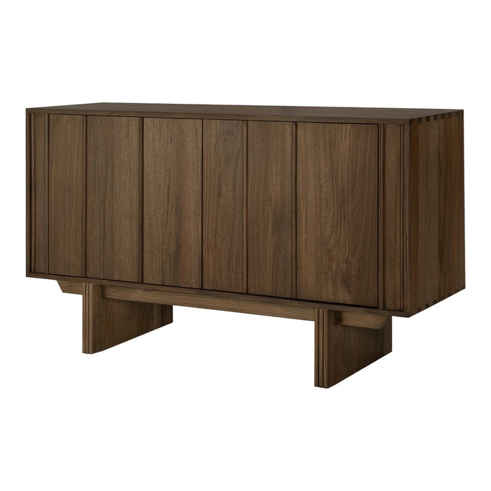 Dark walnut wood sideboard with vertical paneling and smooth finish, perfect for modern decor.