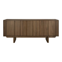 Wooden sideboard featuring a rich walnut finish with vertical paneling and minimalist design. Modern and stylish.