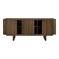 Brown wooden sideboard with a sleek design and natural grain pattern. Features four spacious compartments.