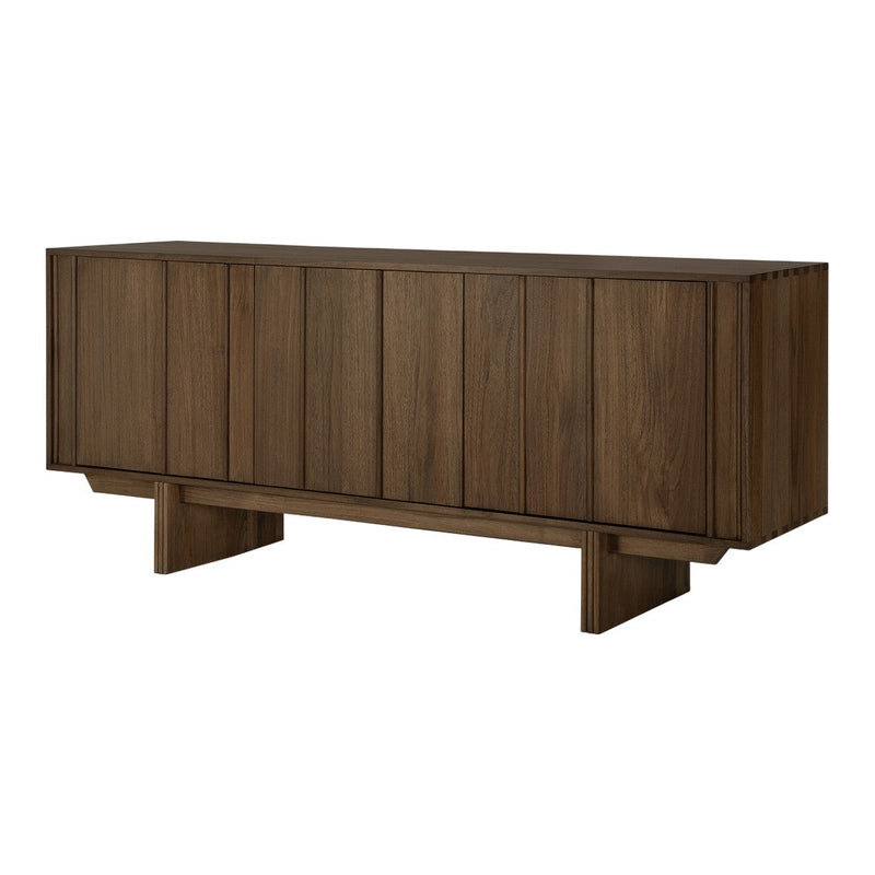 Brown wooden sideboard with a sleek, minimalist design and vertical panel detailing.