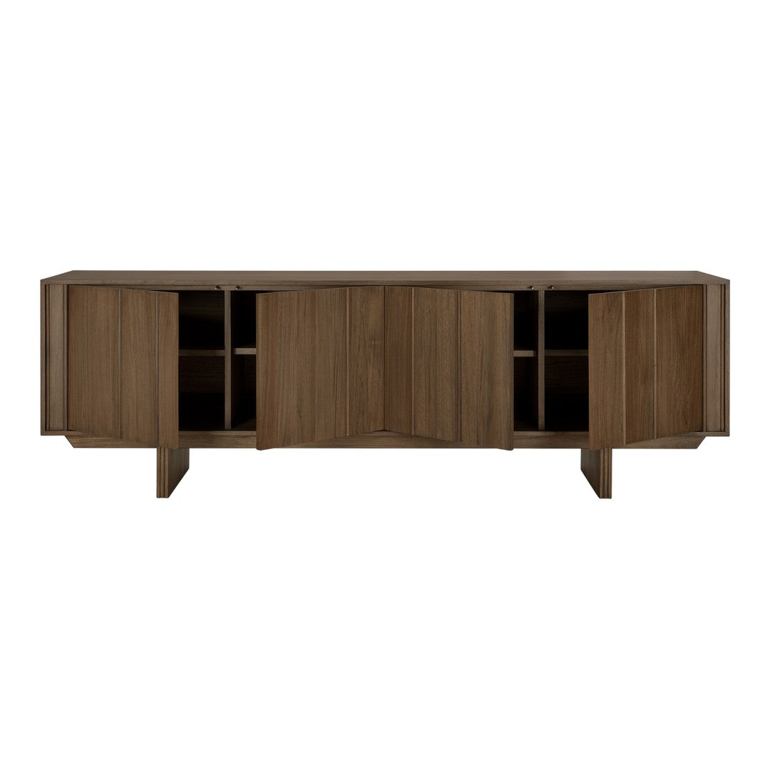 Modern wooden sideboard in rich walnut finish with sleek lines and subtle grain pattern. Ideal for contemporary decor.