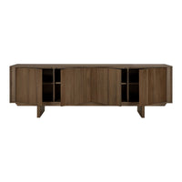 Modern wooden sideboard in rich walnut finish with sleek lines and subtle grain pattern. Ideal for contemporary decor.