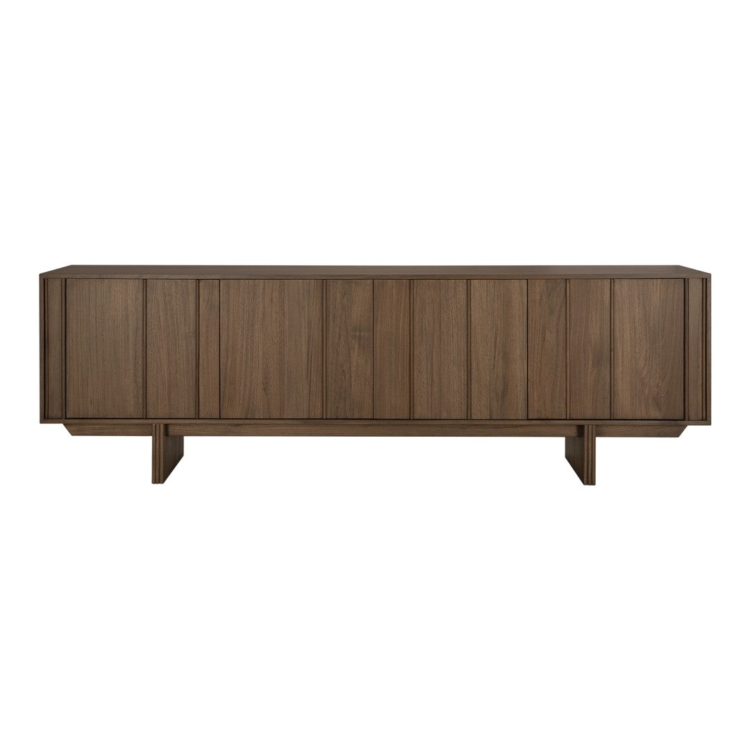 Modern walnut sideboard with rich brown tones and a sleek wood grain pattern. Perfect for contemporary decor.
