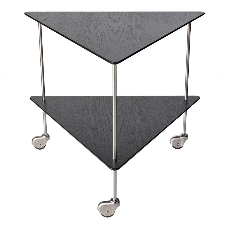 Black triangular shelves with a sleek design and metallic accents, featuring a modern minimalist aesthetic.