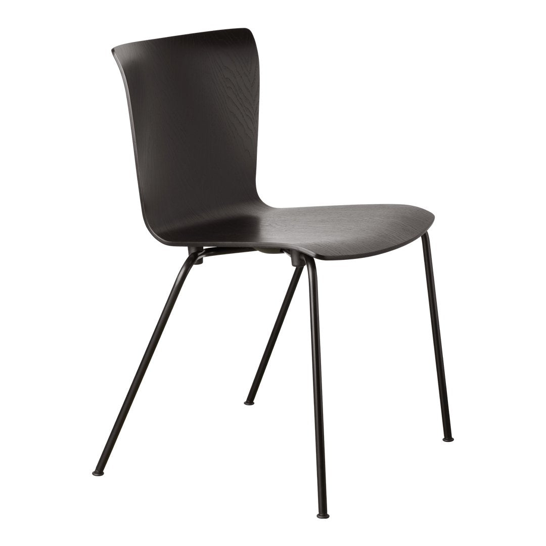 Black modern chair with a smooth finish and minimalist design on slender black metal legs. Perfect for contemporary spaces.