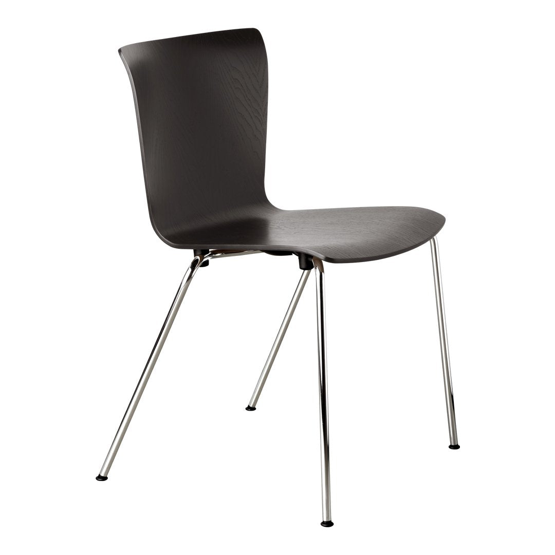 Stylish black chair with a smooth, curved design and sleek chrome legs, perfect for modern decor.