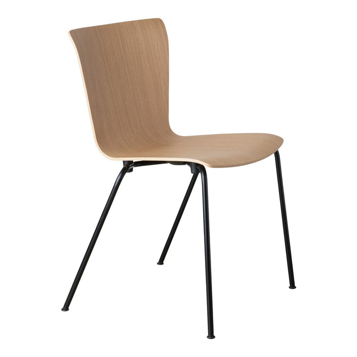 Light wood chair with smooth, curved design and contrasting black metal legs. Minimalist and modern aesthetic.