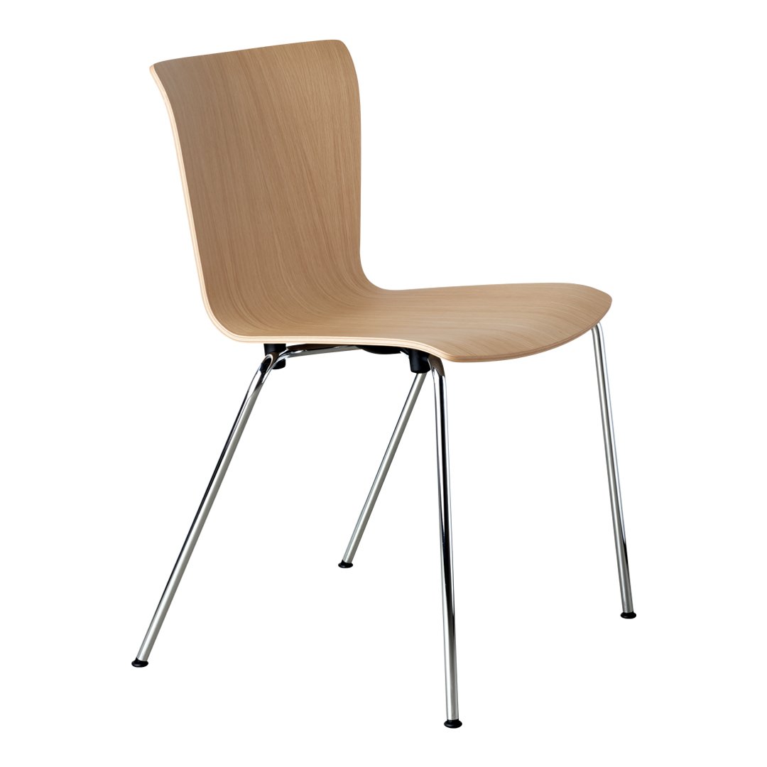 Light wood chair with smooth, natural grain and sleek chrome legs, offering a minimalist and modern aesthetic.