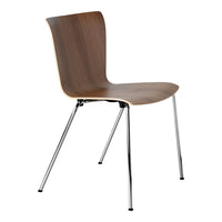 Sleek wooden chair with a warm walnut finish and chrome legs, featuring a smooth, minimalist design.
