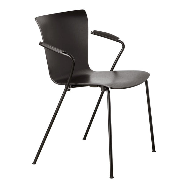 Black modern chair with smooth contours and minimalist design, featuring sleek armrests and slender metal legs.
