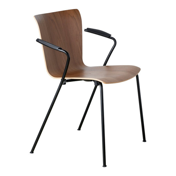 Modern chair featuring a rich wood finish and sleek black metal legs, combining elegance with minimalist design.
