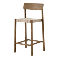 Light brown wooden bar stool with a slatted seat and a simple, modern design. Ideal for rustic or contemporary decor.
