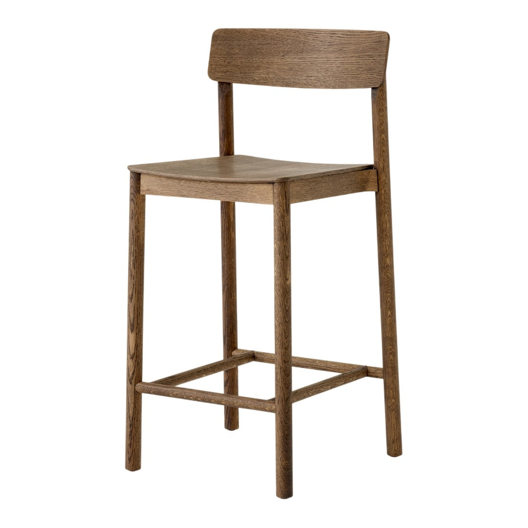 Light brown wooden bar stool with a simple, minimalist design and straight lines. Ideal for modern decor.
