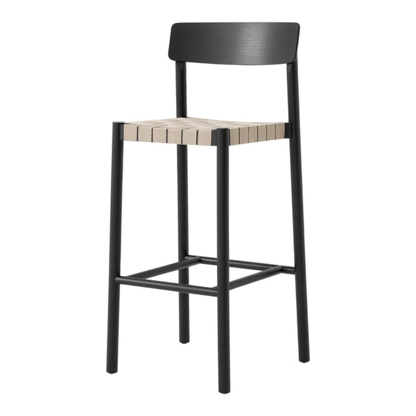 Black bar stool with a slatted light wood seat and minimalist design. Perfect for modern decor.