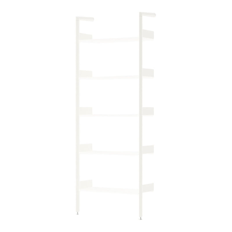 White open shelving unit with a minimalist design and smooth finish, featuring five evenly spaced shelves.