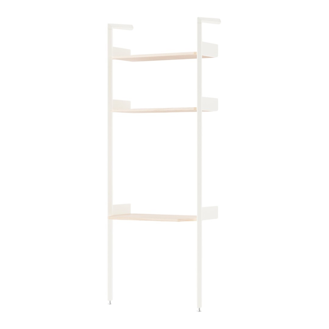 White metal frame with light wood shelves; minimalist design, perfect for modern decor.