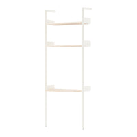 White metal frame with light wood shelves; minimalist design, perfect for modern decor.