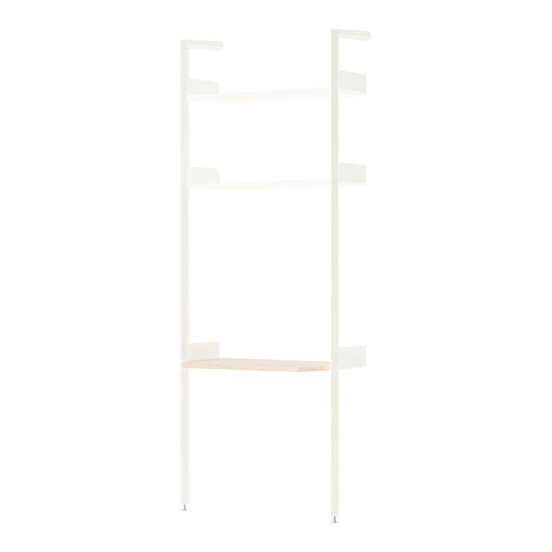 White metal shelving unit with natural wood accents and a minimalist design, perfect for modern interiors.