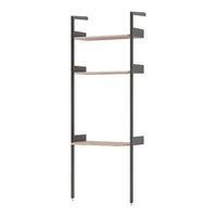 Modern black metal shelf with natural wood tones and sleek, minimalistic design. Perfect for stylish storage solutions.