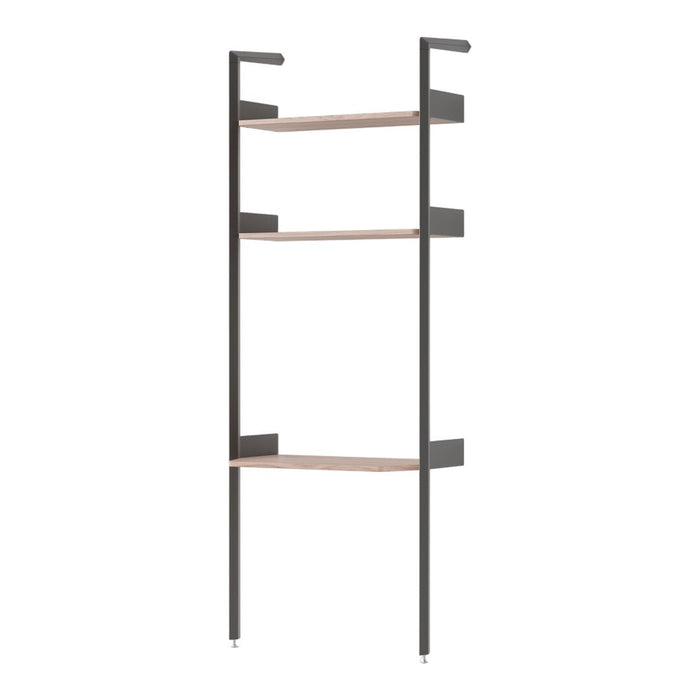 Modern black metal shelf with natural wood tones and sleek, minimalistic design. Perfect for stylish storage solutions.