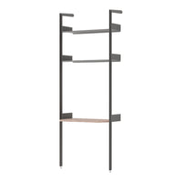 Modern black metal shelving unit with natural wood shelf, sleek design and neutral color palette for versatile decor.