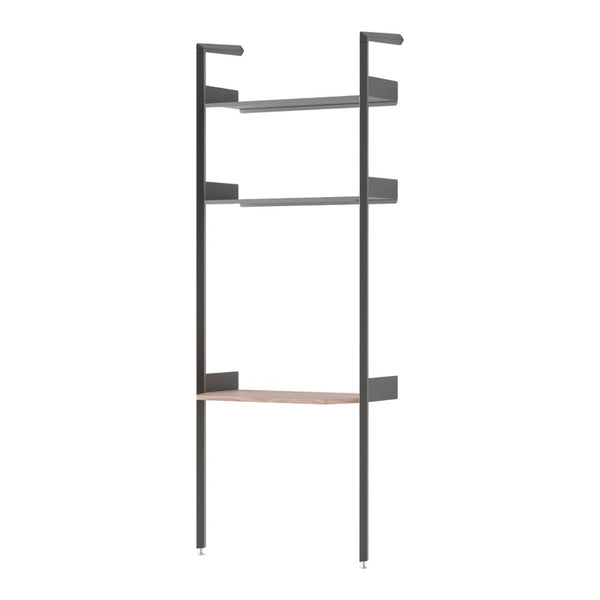 Modern black metal shelving unit with natural wood shelf, sleek design and neutral color palette for versatile decor.