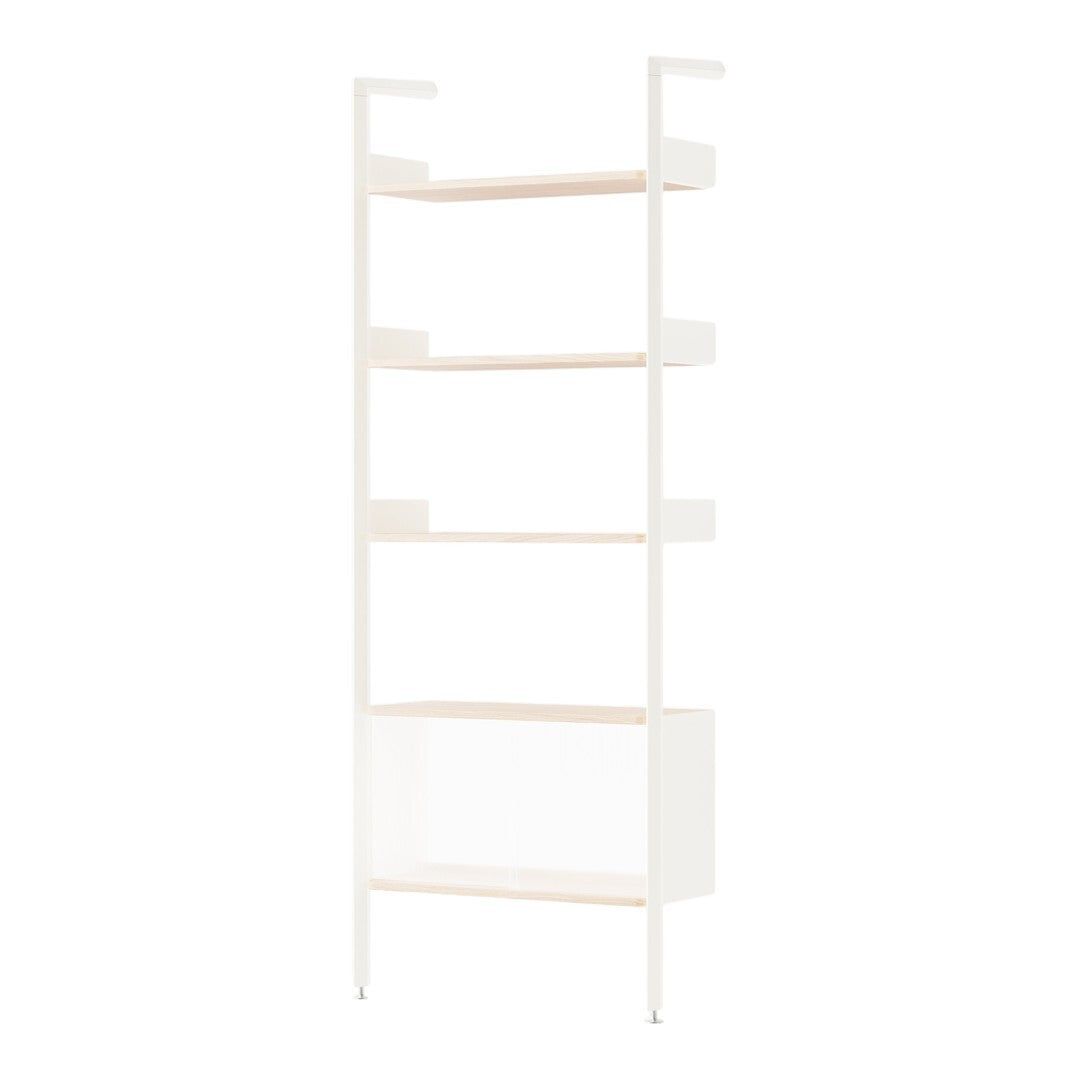 White shelving unit with light wood shelves and minimalistic design for a clean, modern look.