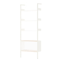 White shelving unit with natural wood accents, featuring a minimalistic and modern design. Perfect for any decor.