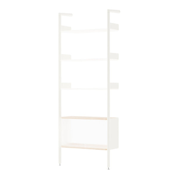 White shelving unit with natural wood accents, featuring a minimalistic and modern design. Perfect for any decor.