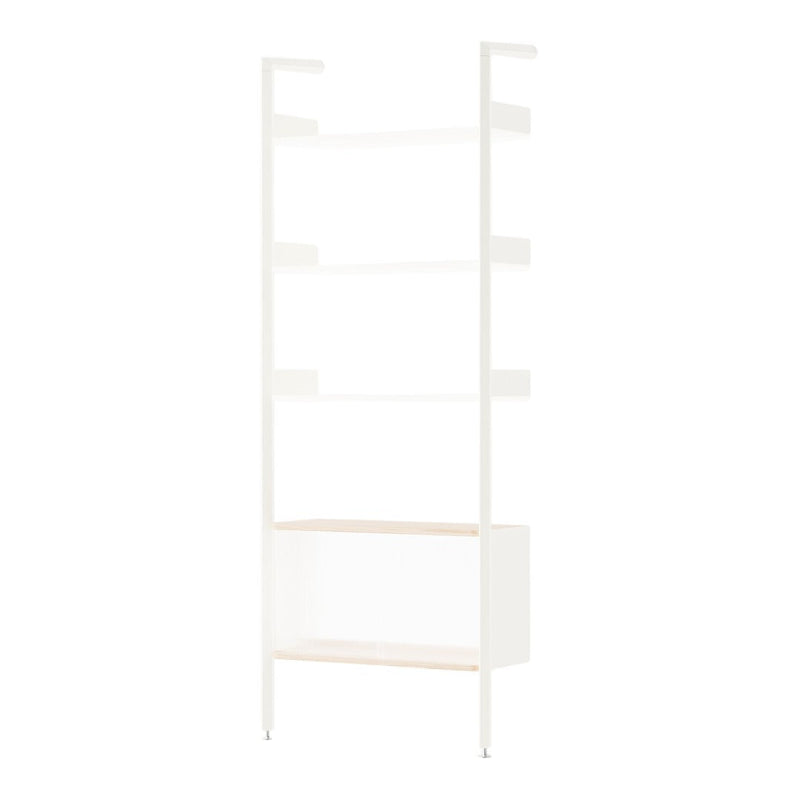White shelving unit with natural wood accents, featuring a minimalistic and modern design. Perfect for any decor.
