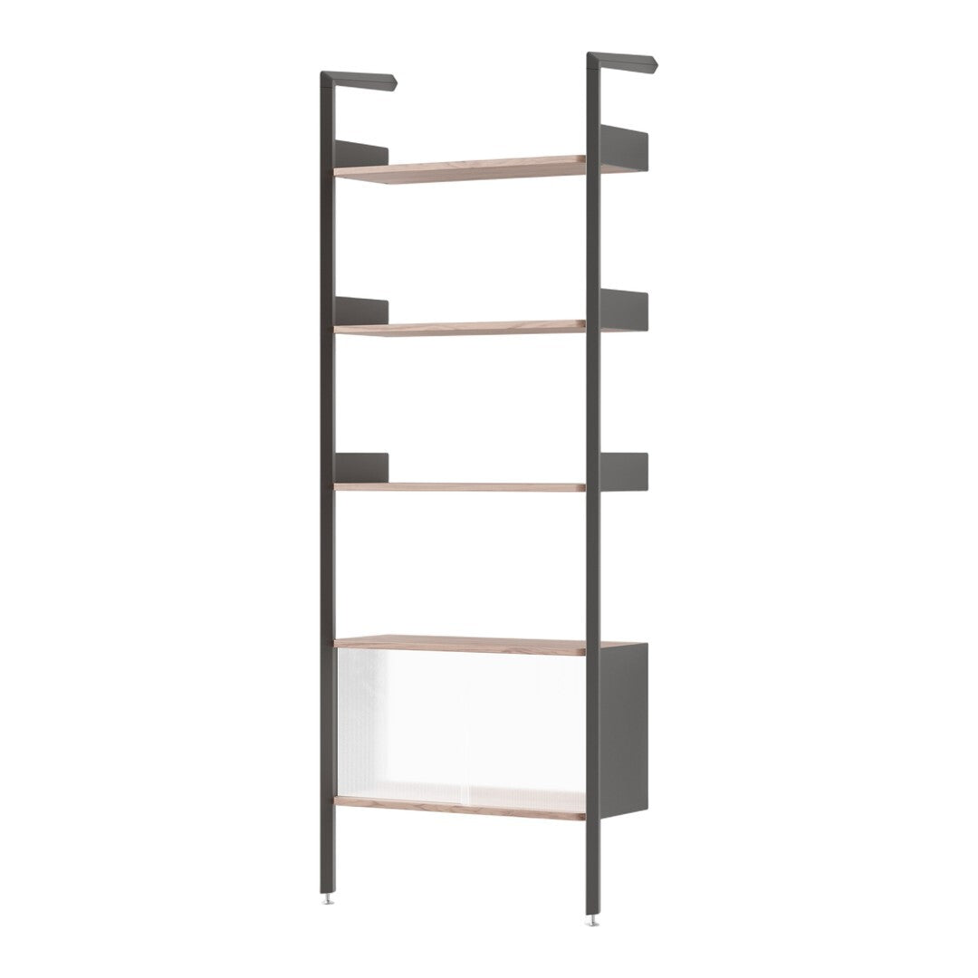 Sleek black metal frame with warm wood shelves and a modern gray base, featuring a clean glass accent.