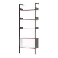 Sleek black metal frame with warm wood shelves and a modern gray base, featuring a clean glass accent.