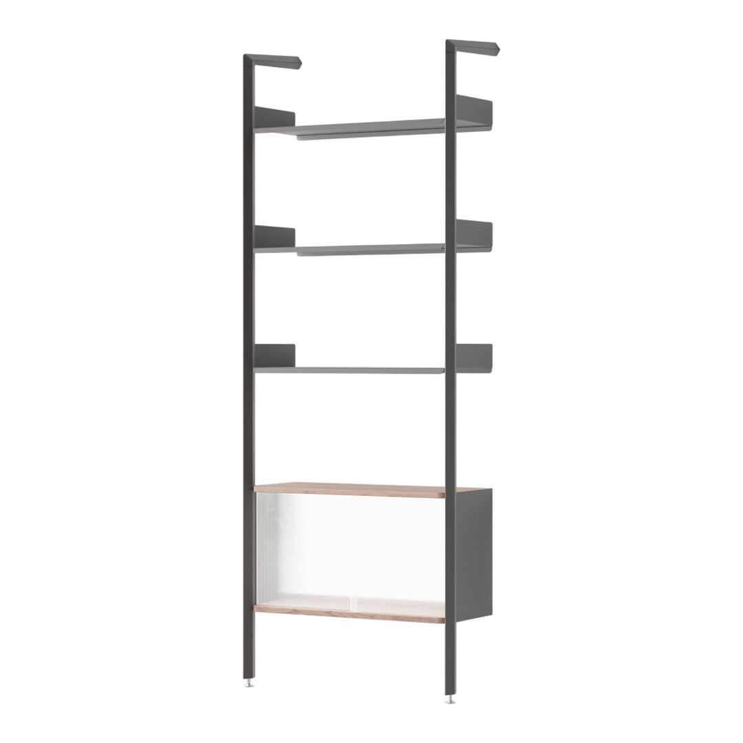 Modern black and wood bookshelf with sleek lines and transparent accents, perfect for stylish home decor.