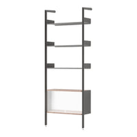 Modern black and wood bookshelf with sleek lines and transparent accents, perfect for stylish home decor.
