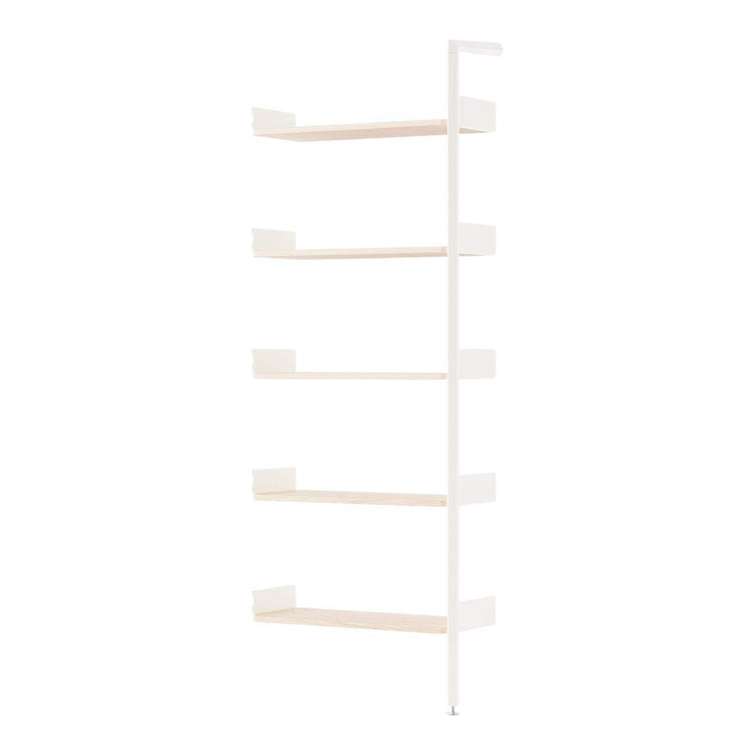 White shelving unit with light wood shelves, featuring a minimalist design and sleek lines. Perfect for modern decor.