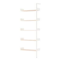 White shelving unit with light wood shelves, featuring a minimalist design and sleek lines. Perfect for modern decor.