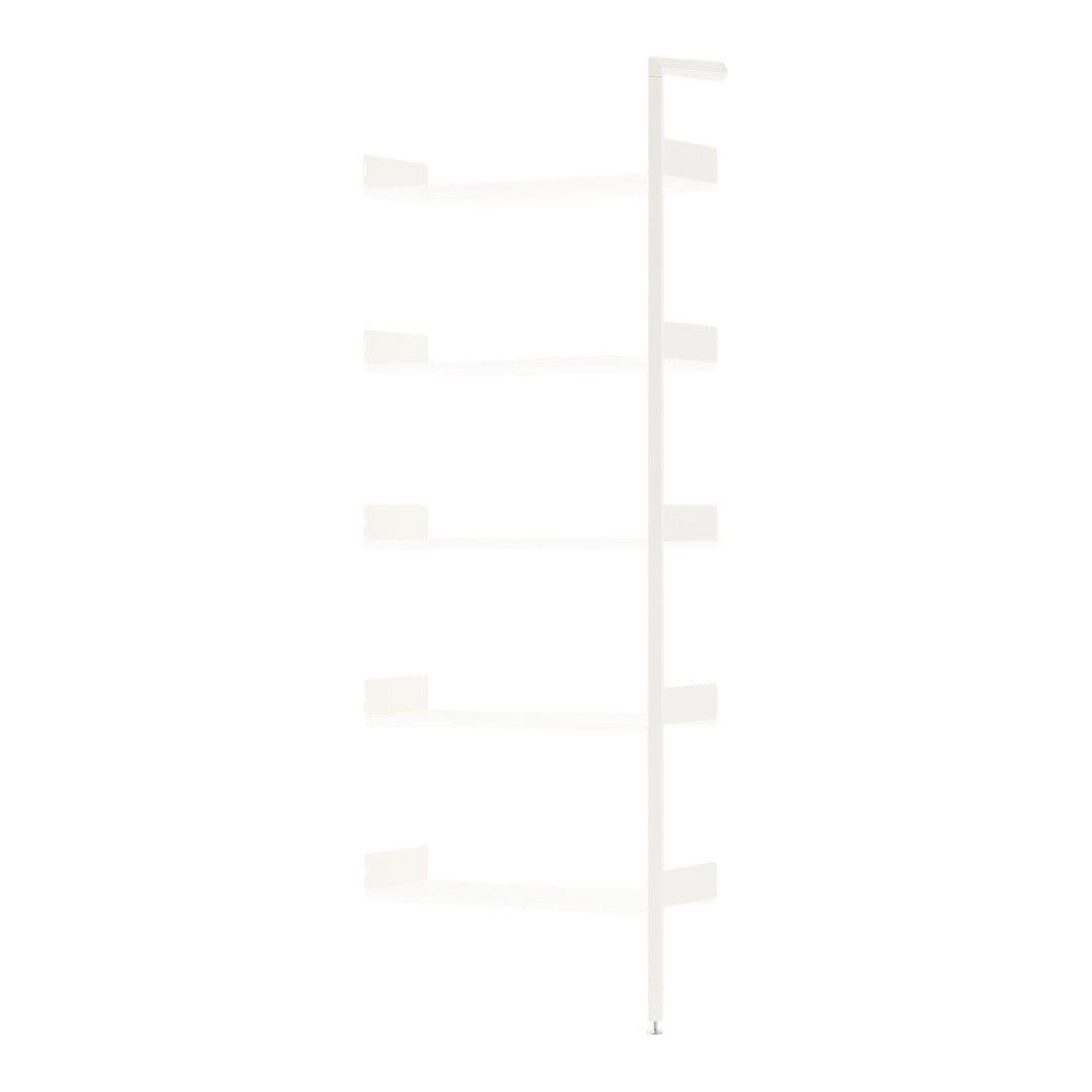 White minimalist shelving unit with four horizontal shelves and a sleek vertical frame. Ideal for modern decor.