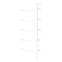 White minimalist shelving unit with four horizontal shelves and a sleek vertical frame. Ideal for modern decor.