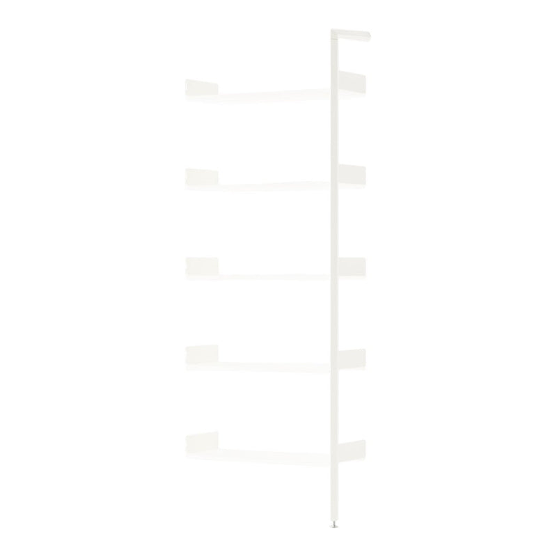 White minimalist shelving unit with four horizontal shelves and a sleek vertical frame. Ideal for modern decor.
