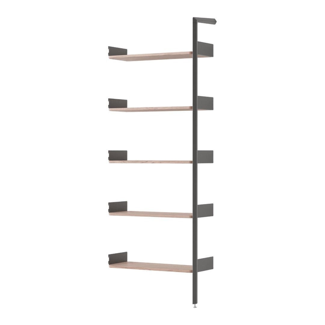 Sleek black metal frame with natural wood shelves, showcasing a modern, minimalist design and neutral color palette.