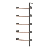 Sleek black metal frame with natural wood shelves, showcasing a modern, minimalist design and neutral color palette.