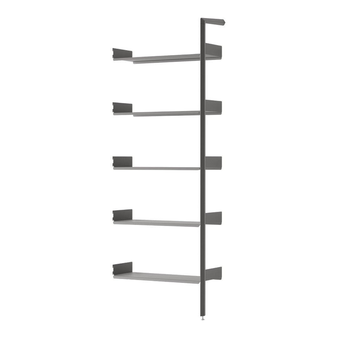 Modern gray shelving unit with sleek lines and minimalistic design; five horizontal shelves in a clean finish.