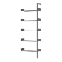 Modern gray shelving unit with sleek lines and minimalistic design; five horizontal shelves in a clean finish.