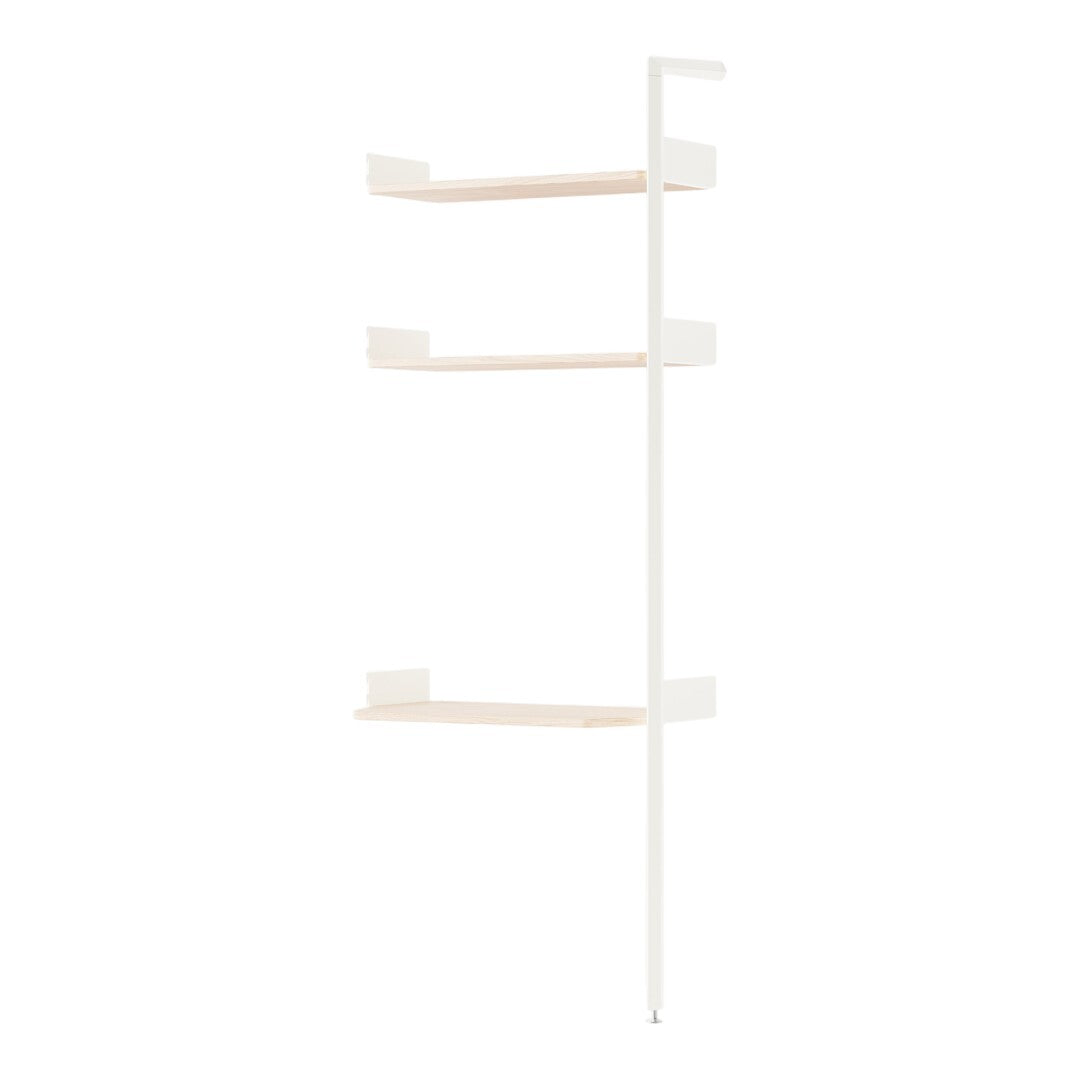 White shelving unit with light wood shelves, featuring a minimalist and modern design. Perfect for any decor.