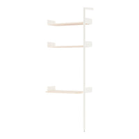 White shelving unit with light wood shelves, featuring a minimalist and modern design. Perfect for any decor.