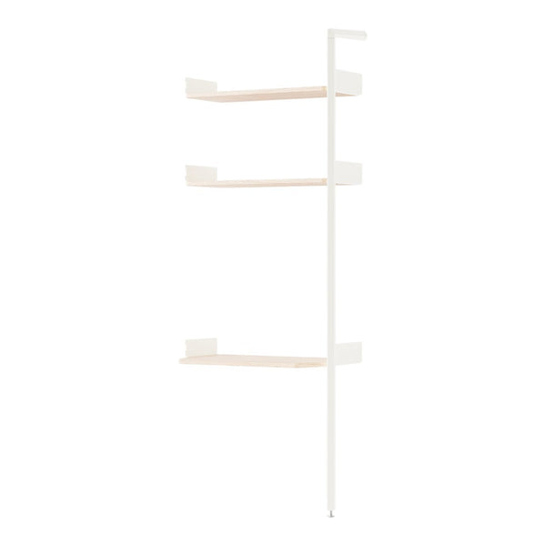 White shelving unit with light wood shelves, featuring a minimalist and modern design. Perfect for any decor.