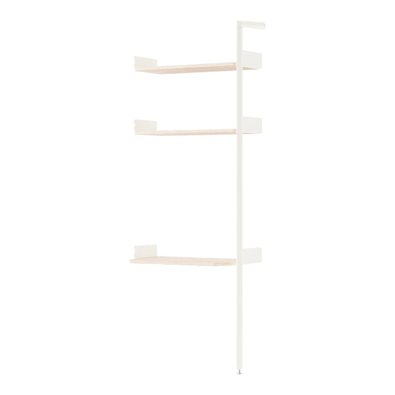 White shelving unit with light wood shelves, featuring a minimalist and modern design. Perfect for any decor.
