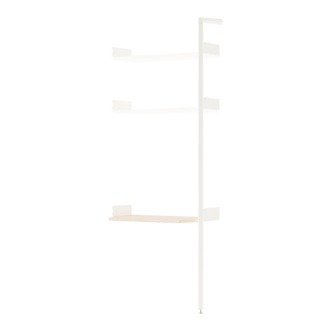 Minimalist white shelving unit with natural wood accents and clean lines. Suitable for modern decor.