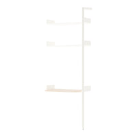 Minimalist white shelving unit with natural wood accents and clean lines. Suitable for modern decor.